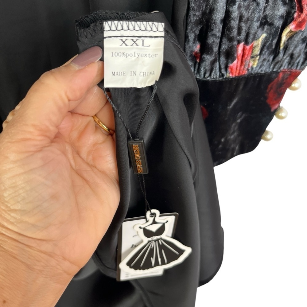 NWT Babydoll Velveteen Black Floral Bodice Satin Skirt Midi Dress XXL Whimsigoth - Picture 9 of 10